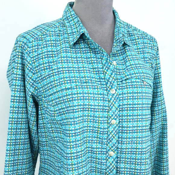 Exofficio Top Womens Large Blue White Plaid Blouse Long Sleeve Vents Pockets - Picture 6 of 16